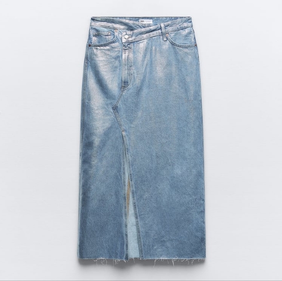 ZARA TRF Metallic Denim Asymmetric Skirt Light Blue Metallic Sizes XS, M, L, XL - Picture 6 of 8